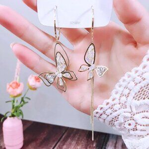 Asymmetrical Crystal Butterfly Drop Earrings – Gold-Plated Mismatched Dangle Ear